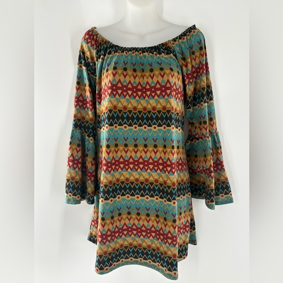 Tops - Boho Off-Shoulder Patterned Tunic Top in Turquoise & Mustard Size M